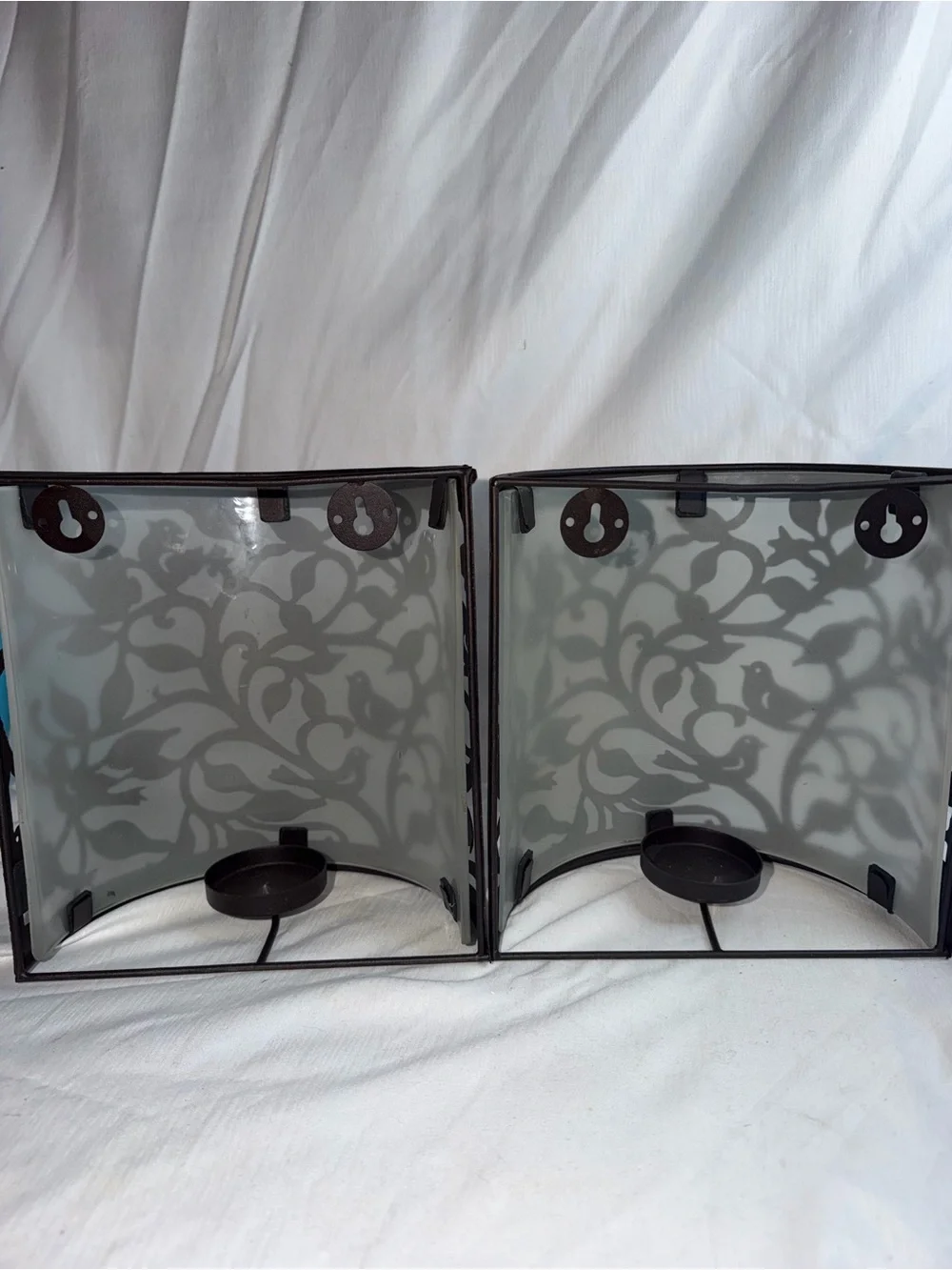 Set of 2 Bird & Branch Metal Wall Candle Sconces with Frosted Glass